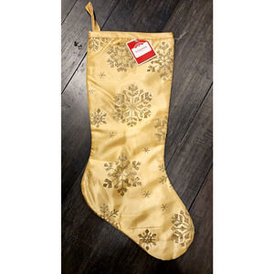 New 20" Holiday Time Gold Satin Glitter Snowflake Christmas Stocking